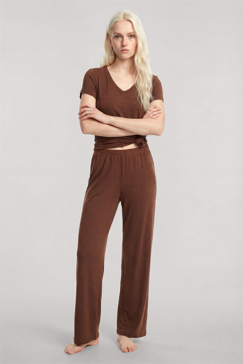 Akbeniz V Yaka Yumuşak Dokulu Pijama Takımı Kahve