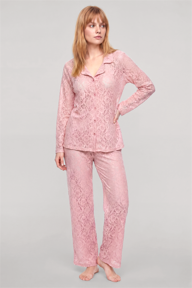Akbeniz Zarif Dantel İşlemeli Düğmeli Kadın Pijama Takımı – Toz Pembe