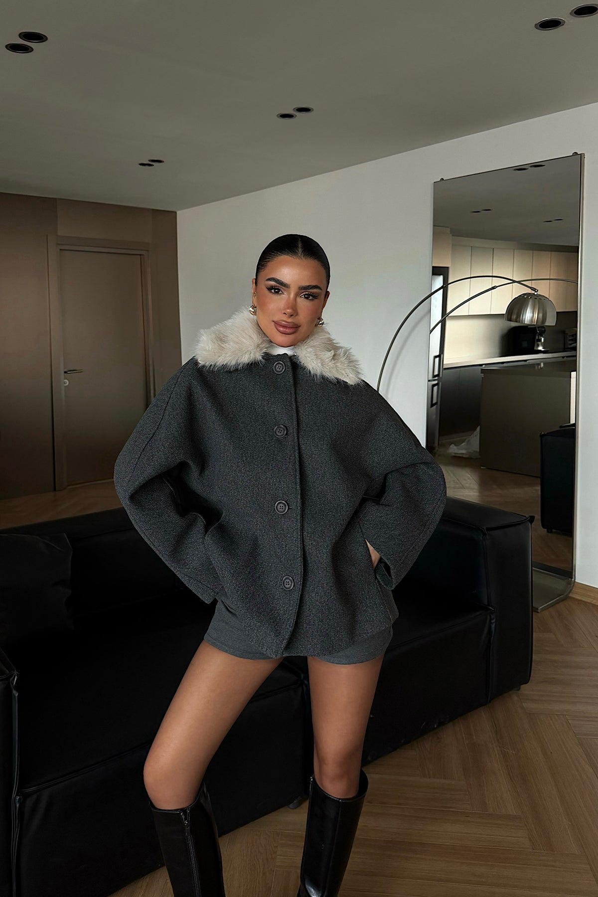 Antrasit Kürk Detay Ceket ATE-4738