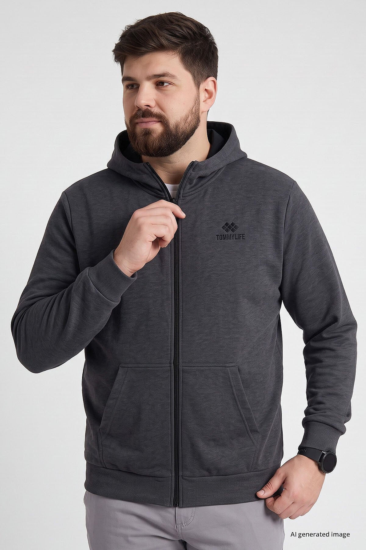 Antrasit Melanj Fermuarlı Büyük Beden Erkek Sweatshirt - 88124