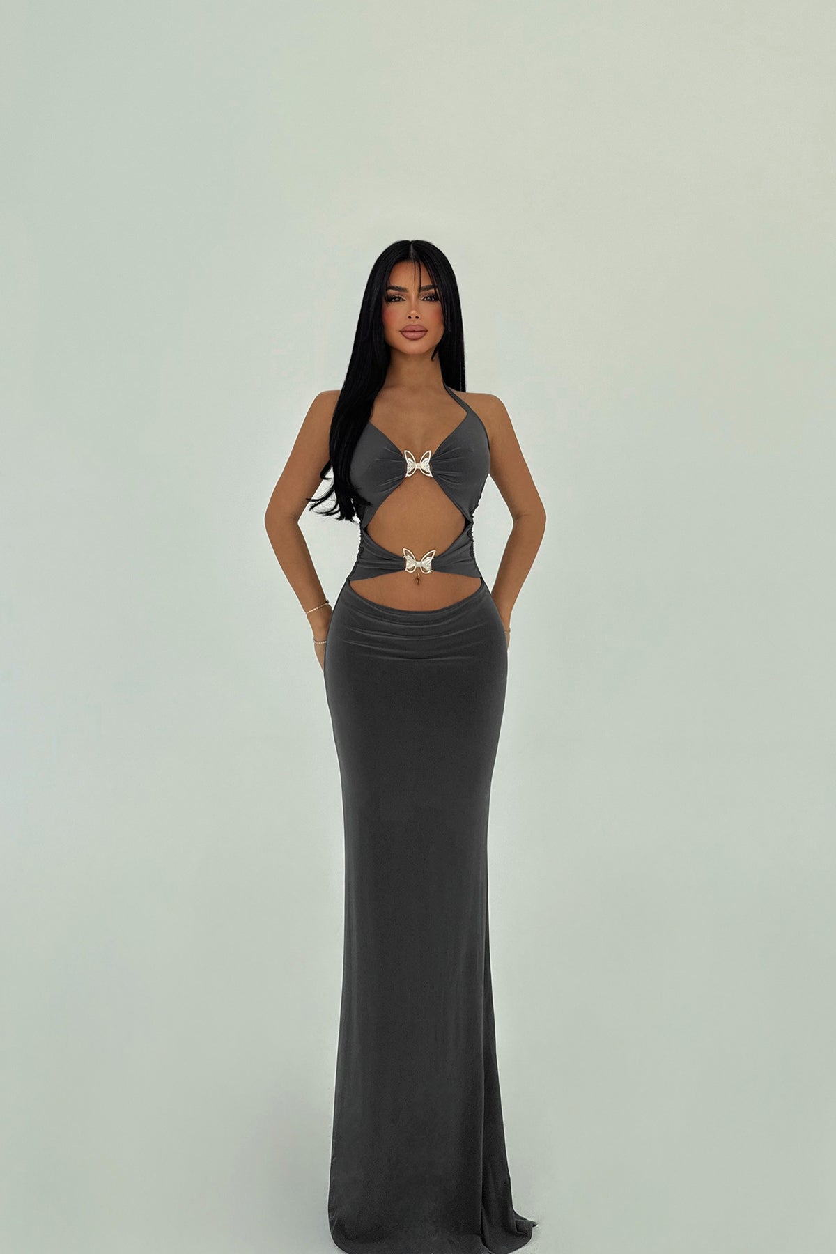 Antrasit Marseille Kelebek Aksesuarlı Elbise ATE-1436