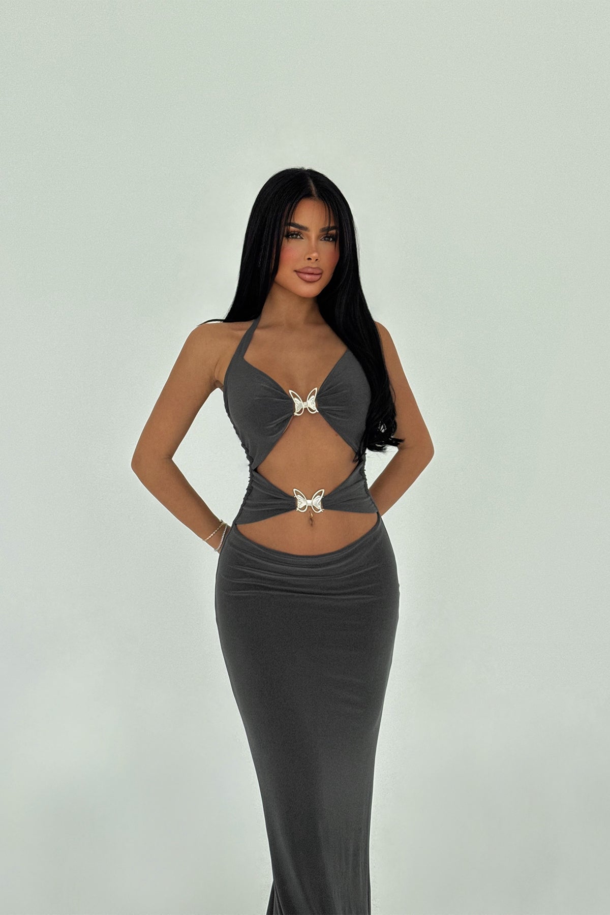 Antrasit Marseille Kelebek Aksesuarlı Elbise ATE-1436