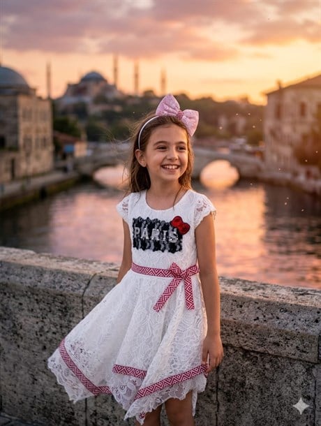 Asimetrik Şeritli Kız Çocuk Beyaz Dantelli Elbise