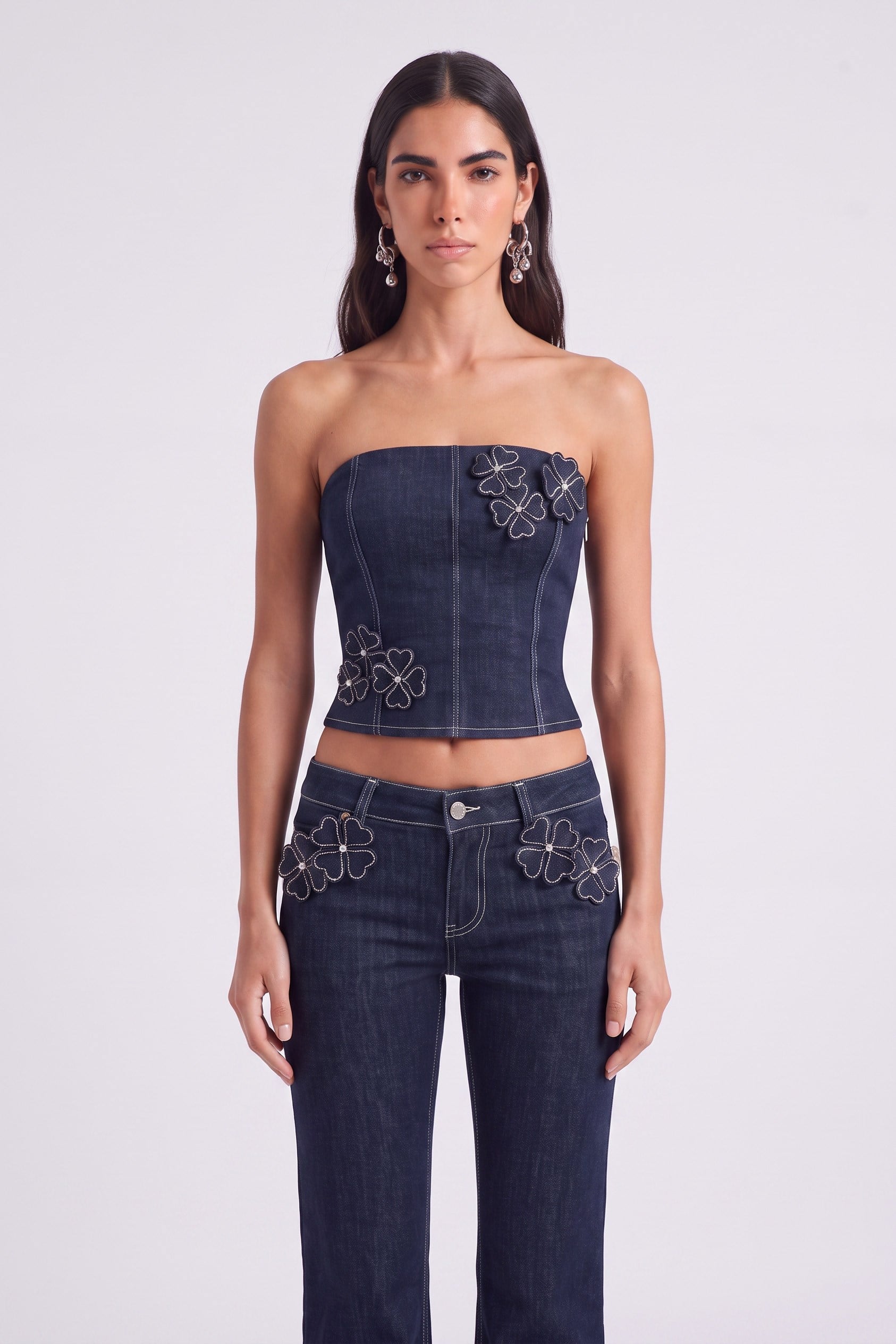 Çiçek Detaylı Straplez Kesim Clover Jean Büstiyer Lacivert
