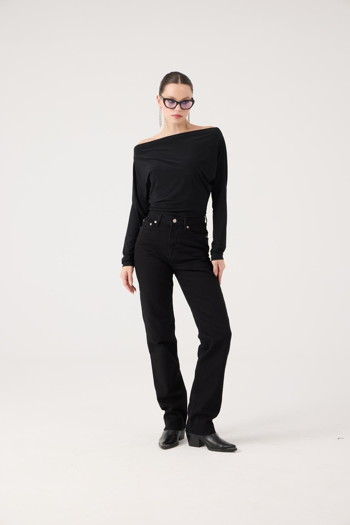 Yüksek Bel Straight Kesim Sagrado Jean Pantolon Siyah