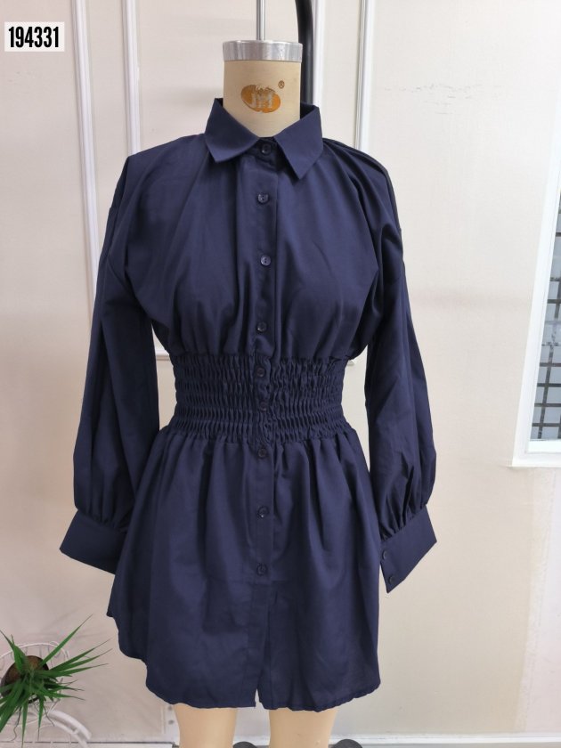 Kadın Uzun Kollu Yakalı Beli Lastikli Trikoton Bluz
