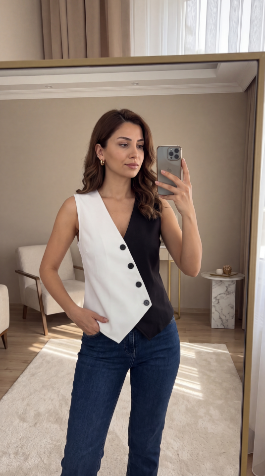 Kadın Sıfır Kol V Yakalı Düğmeli Blok Renkli Atlas Yelek