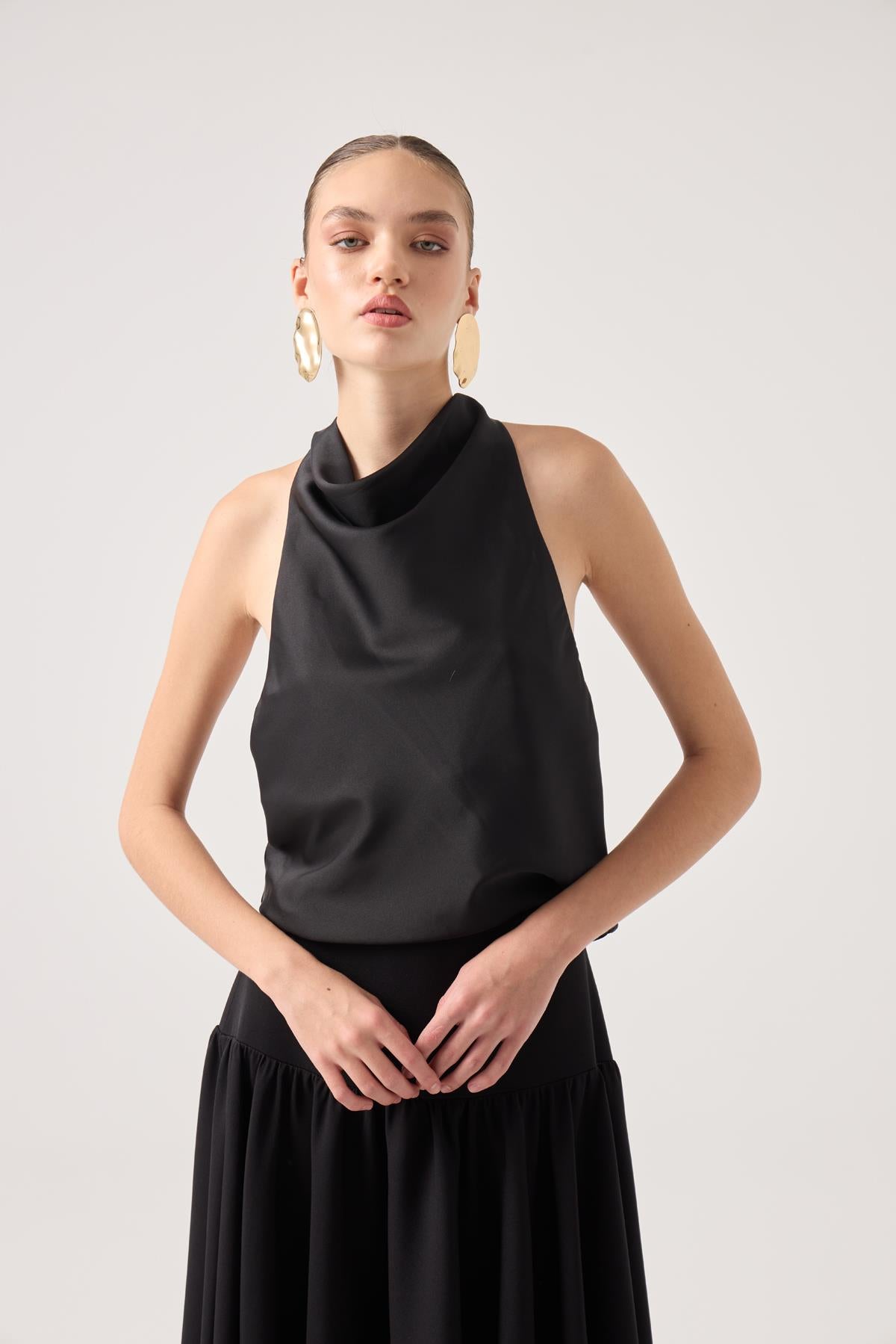 Degaje Yaka Saten Dalia Bluz Siyah