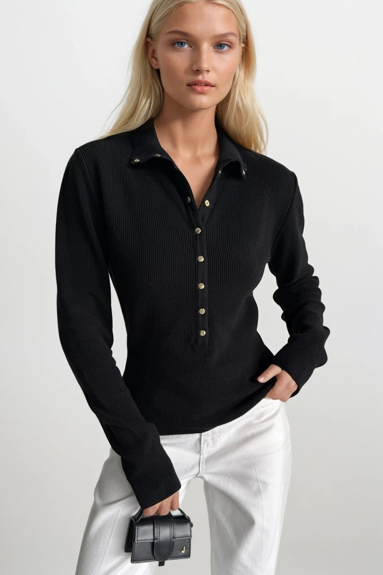 Polo Yaka Çıtçıtlı Siyah Triko Bluz