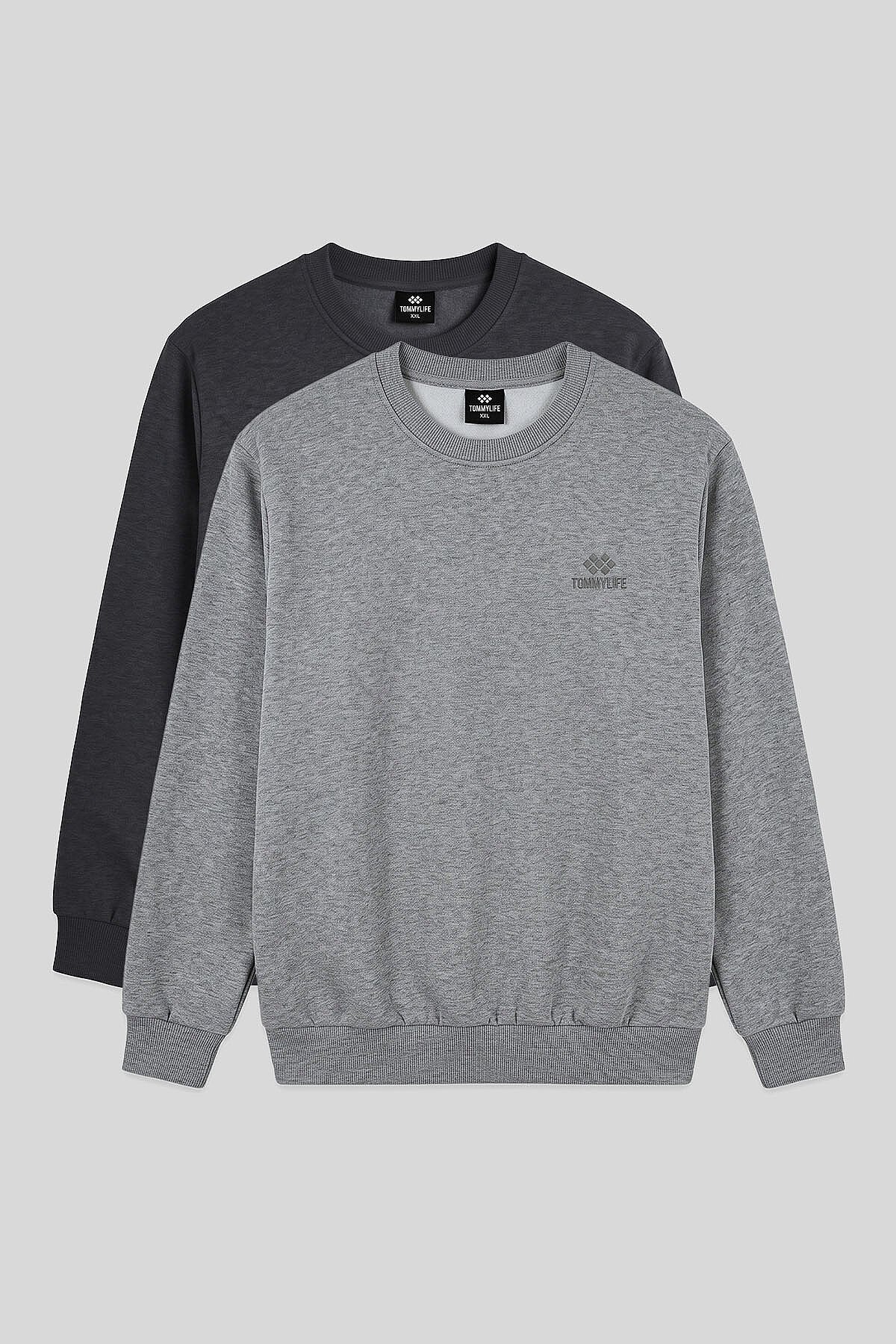 Basic Büyük Beden 2'li Paket Antrasit Melanj-Gri Melanj Erkek Sweatshirt - 88126
