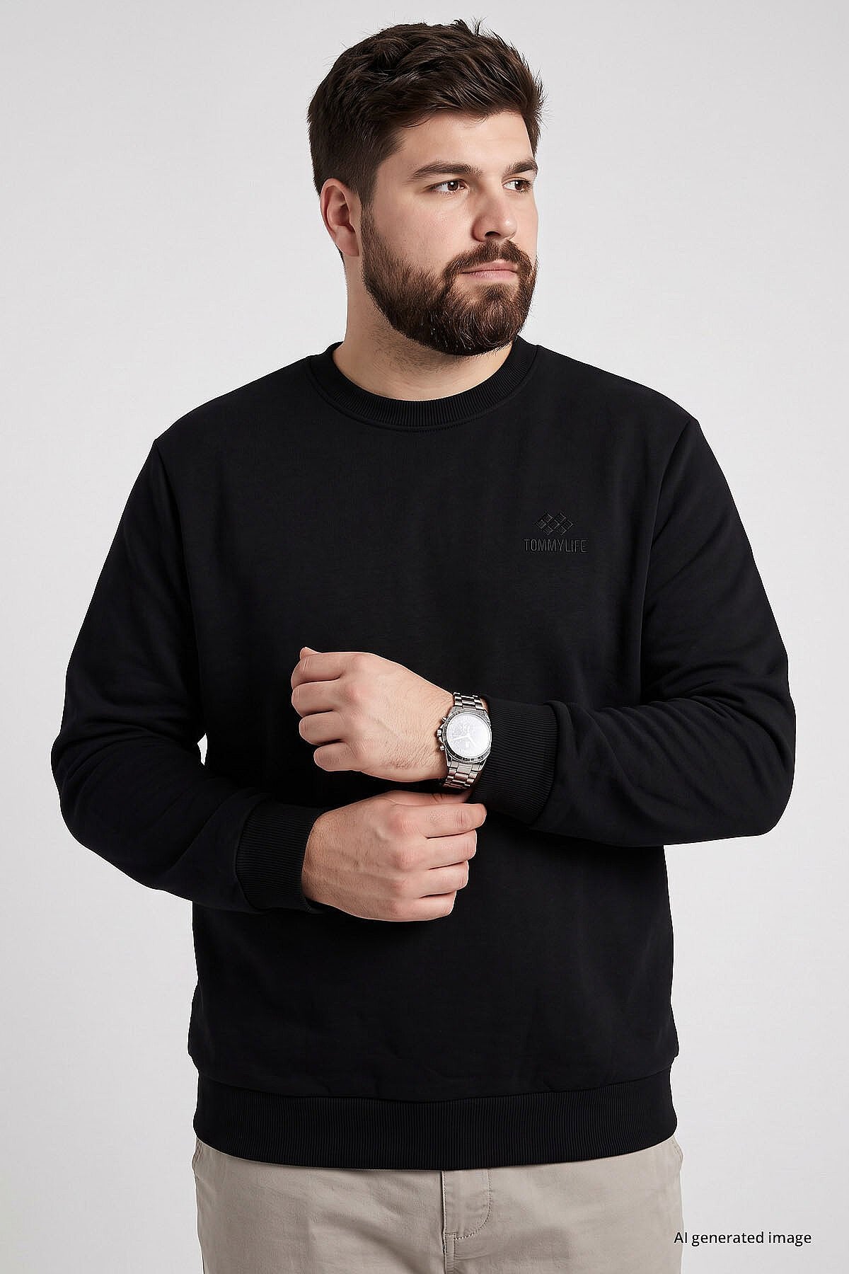 Basic Büyük Beden 2'li Paket Siyah-Haki Erkek Sweatshirt - 88126