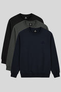 Basic Büyük Beden 3'lü Paket Siyah-Haki-Lacivert Erkek Sweatshirt - 88126