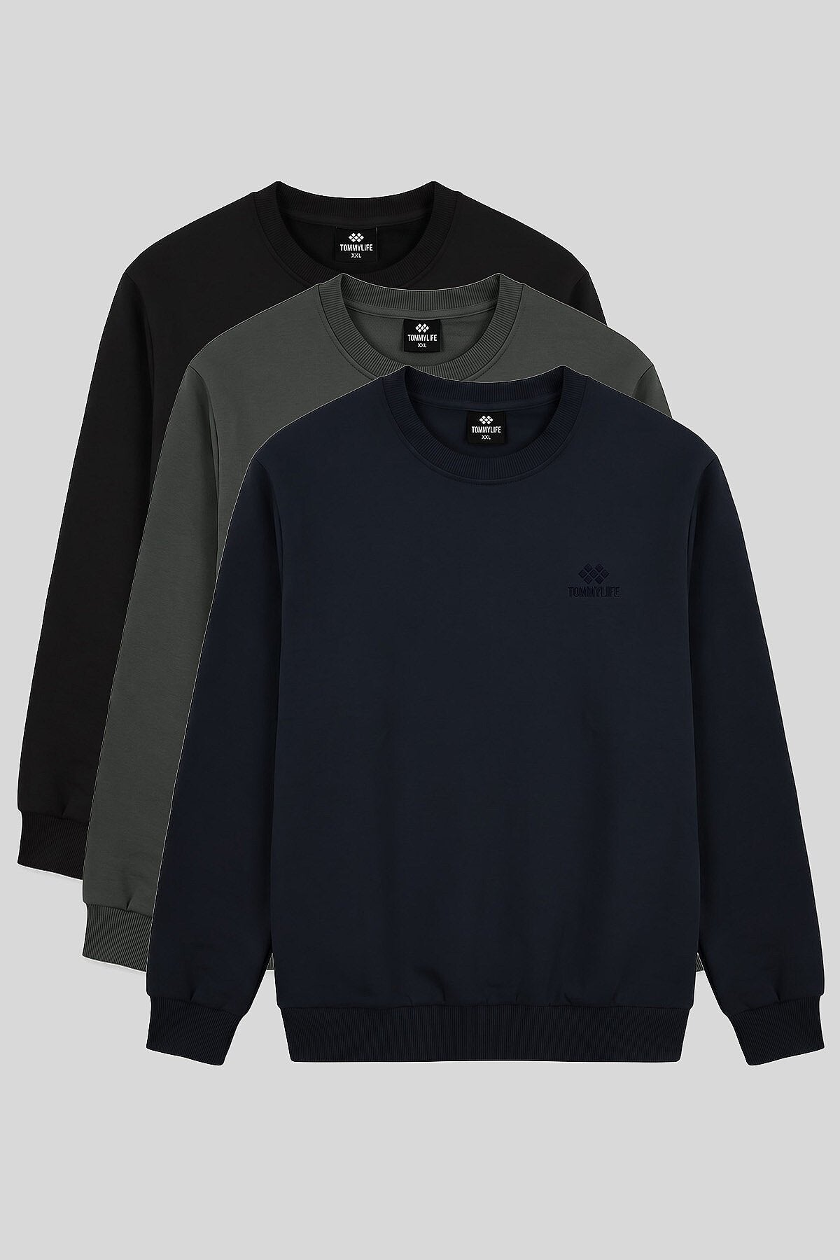 Basic Büyük Beden 3'lü Paket Siyah-Haki-Lacivert Erkek Sweatshirt - 88126