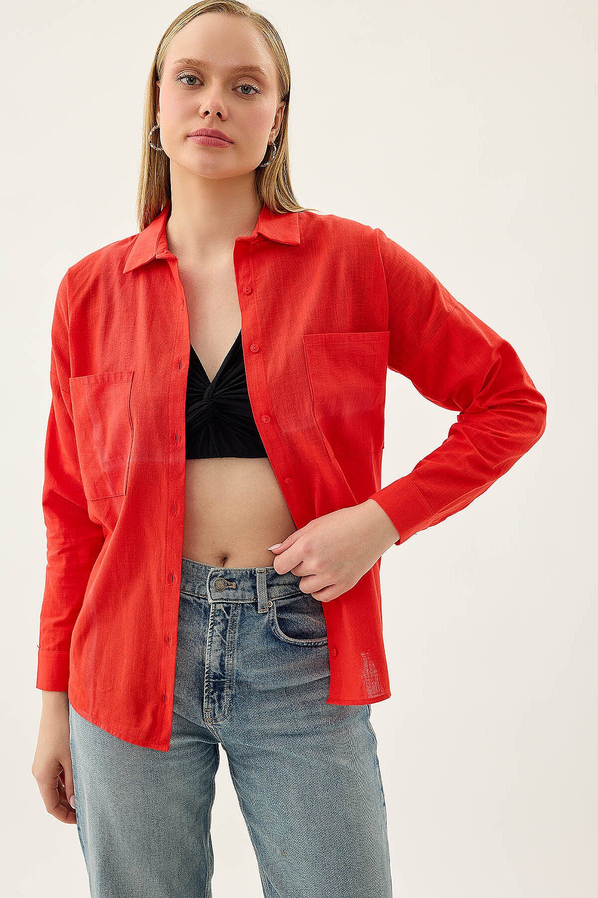Basic Oversize Önden Cepli Gömlek
