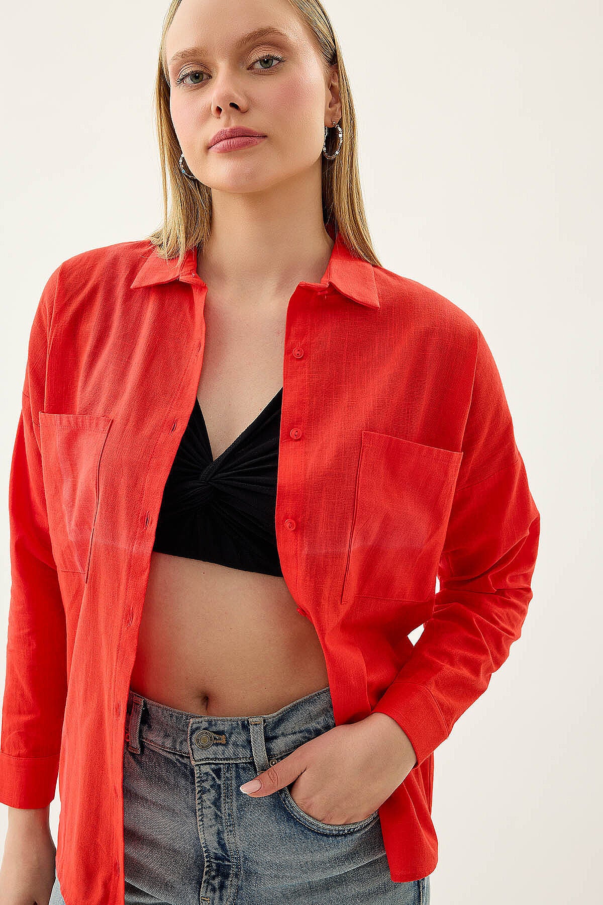 Basic Oversize Önden Cepli Gömlek