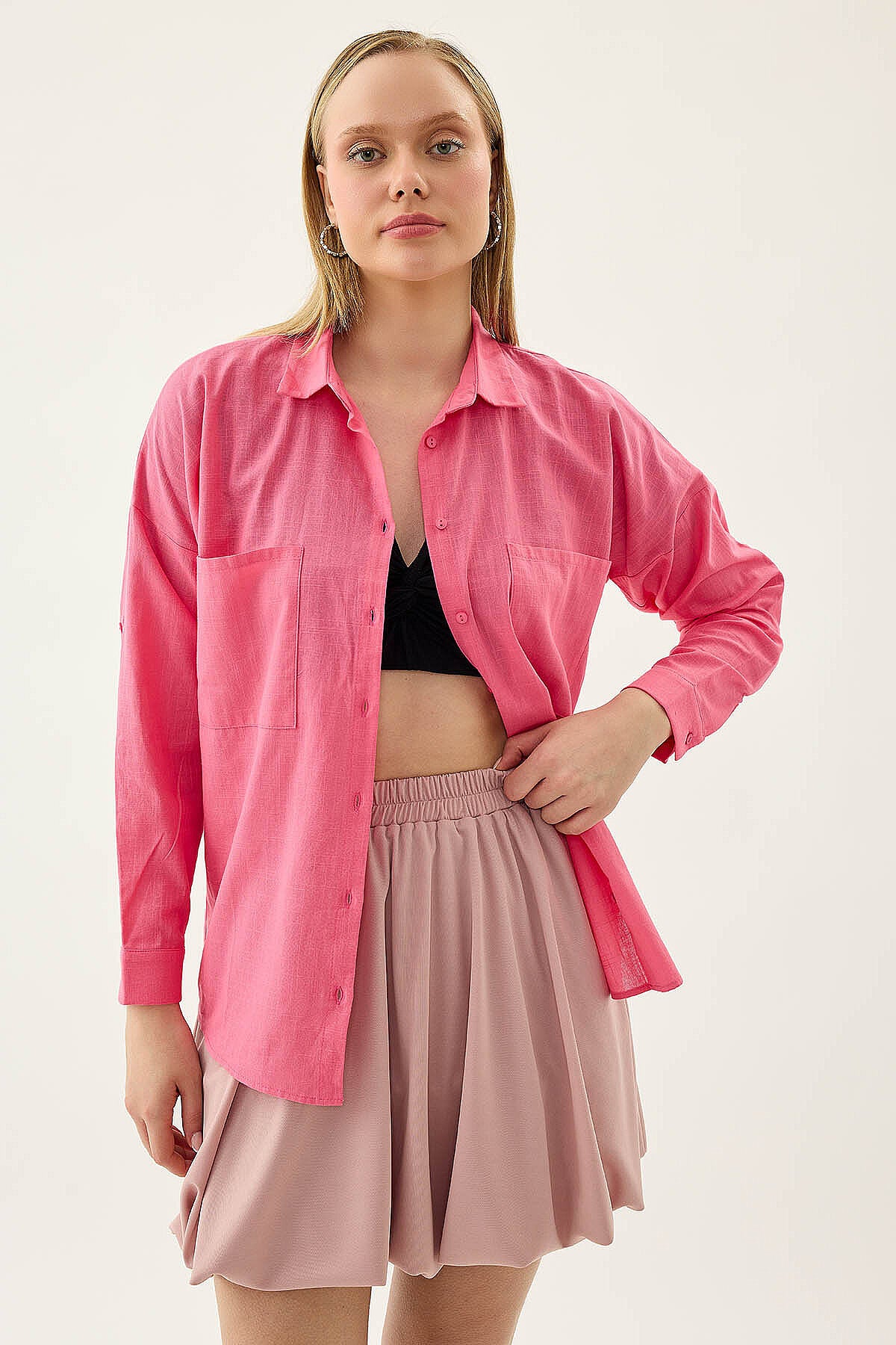 Basic Oversize Önden Cepli Gömlek