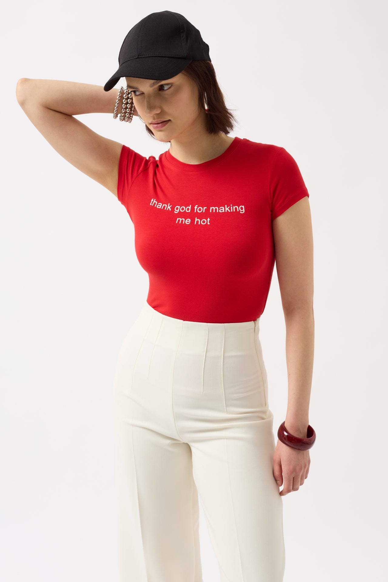 Thanks God Baskılı Likralı Crop Kırmızı T-Shirt