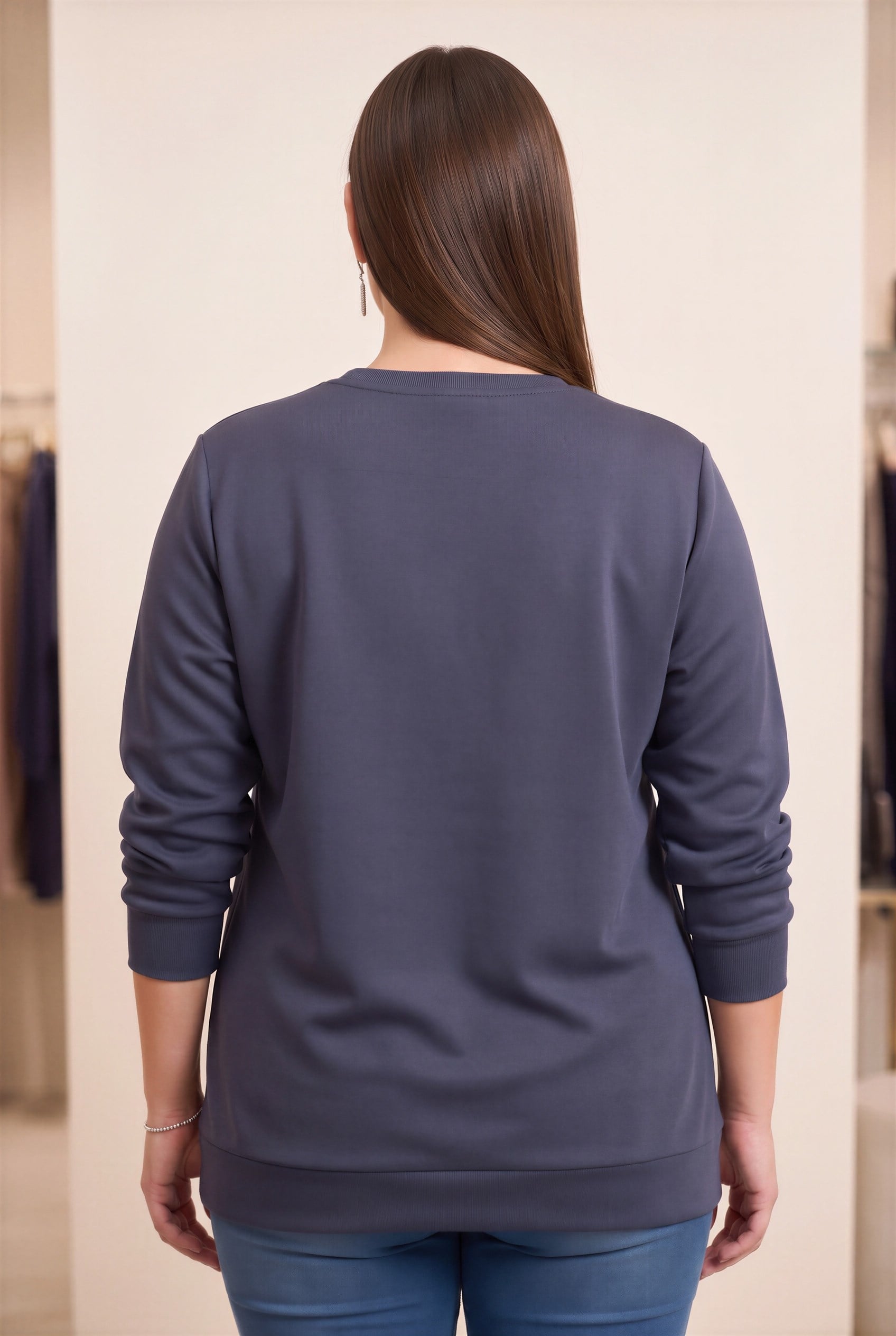 Taş Detaylı Büyük Beden Modal Örme Sweat Lacivert