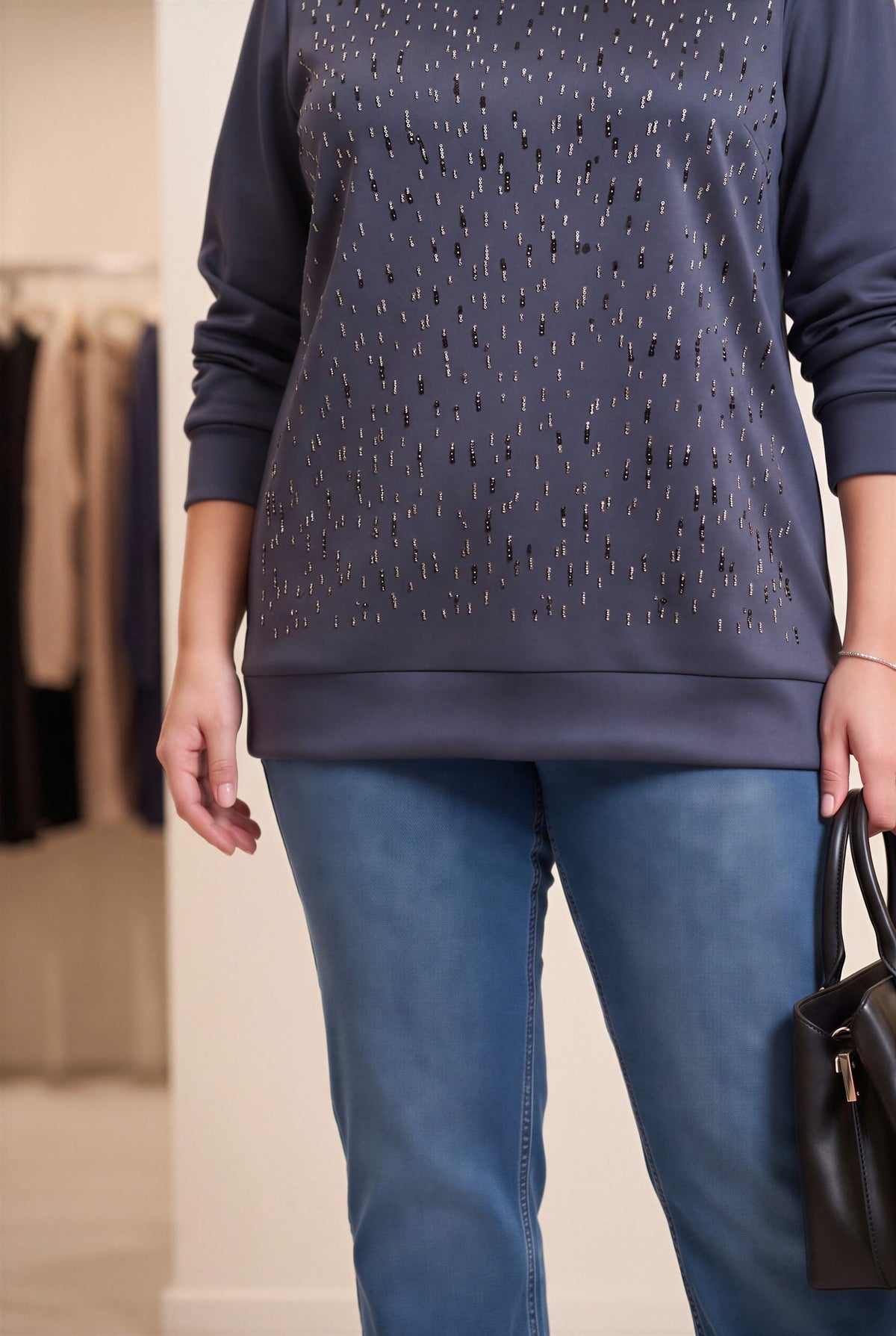 Taş Detaylı Büyük Beden Modal Örme Sweat Lacivert