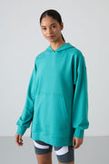 Sea Green Balloon Sleeve Embroidered Lettering Women's Oversize Tunic Sweatshirt - 97163