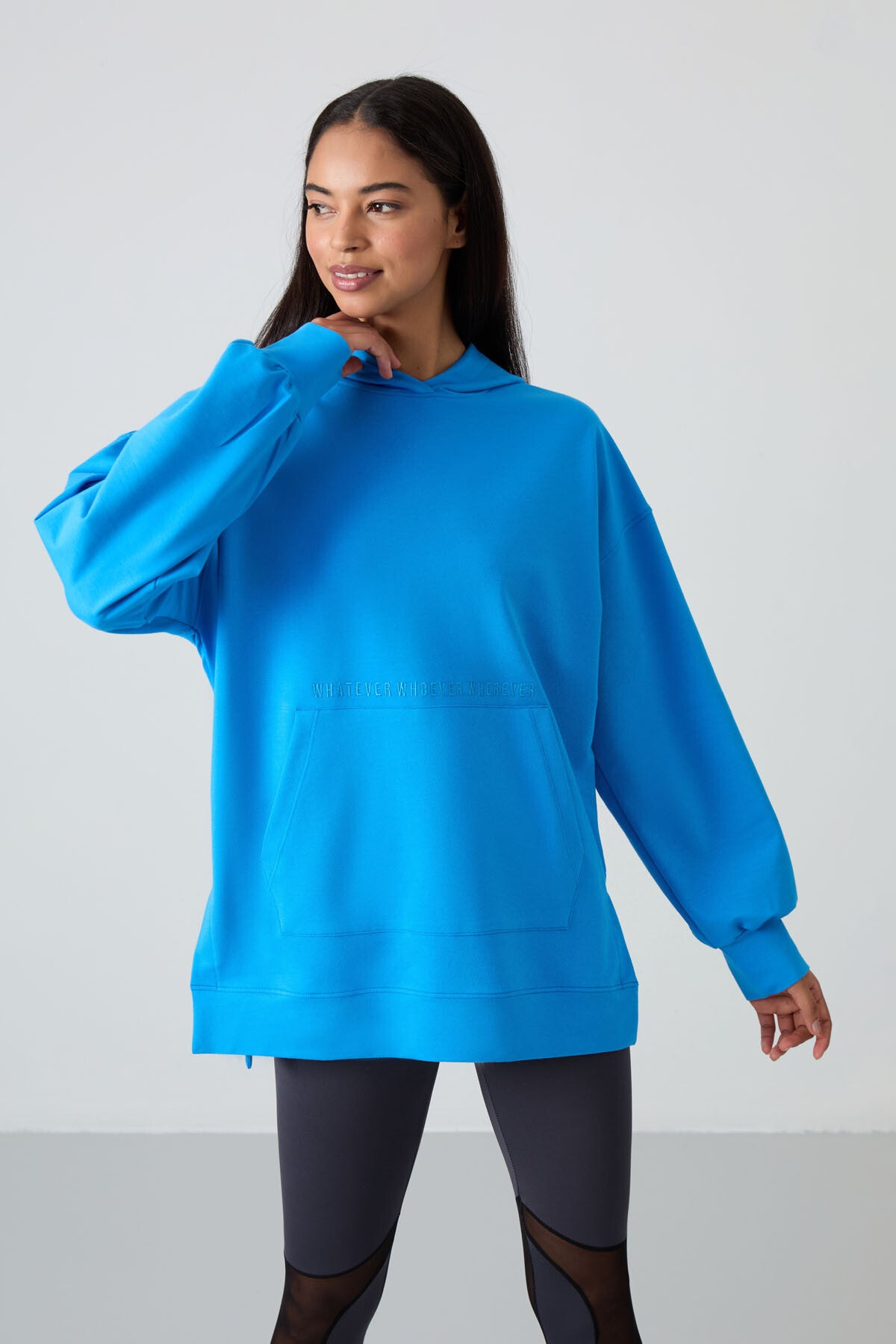 Mavi Balon Kol Yazı Nakışlı Kadın Oversize Tunik Sweatshirt - 97163