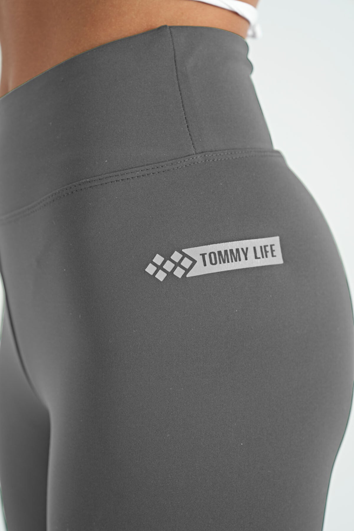 Koyu Gri Logo Baskı Detaylı Yüksek Bel Dalgıç Kumaş Slim Fit Kadın Tayt - 94627