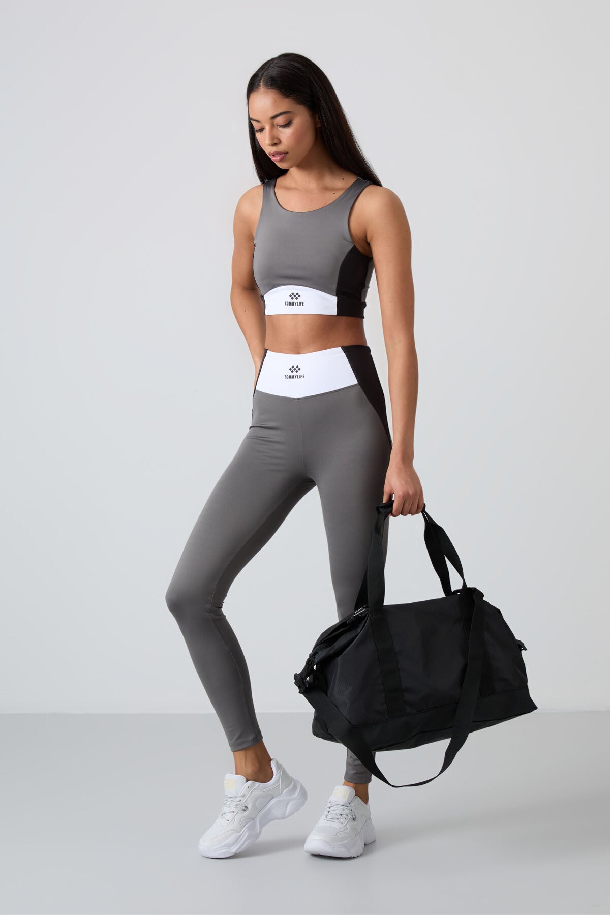 Koyu Gri Esnek Standart Fit Performans Kadın Tayt Takım - 95334