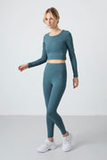 Forest Green High Waist Long Sleeve Slim Fit Crop Top Women's Leggings Set - 95286