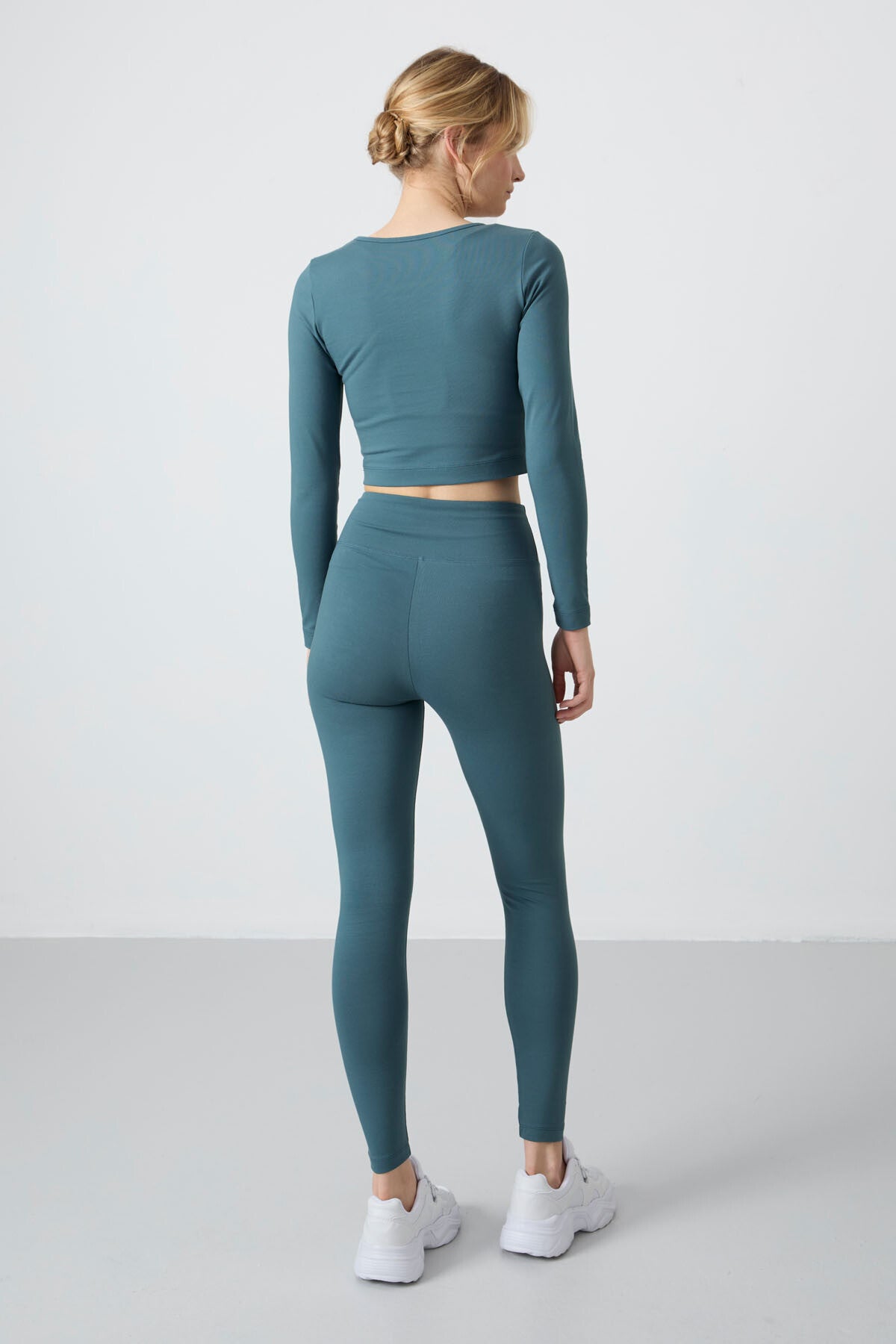 Orman Yeşili Yüksek Bel Uzun Kollu Slim Fit Crop Top Kadın Tayt Takım - 95286