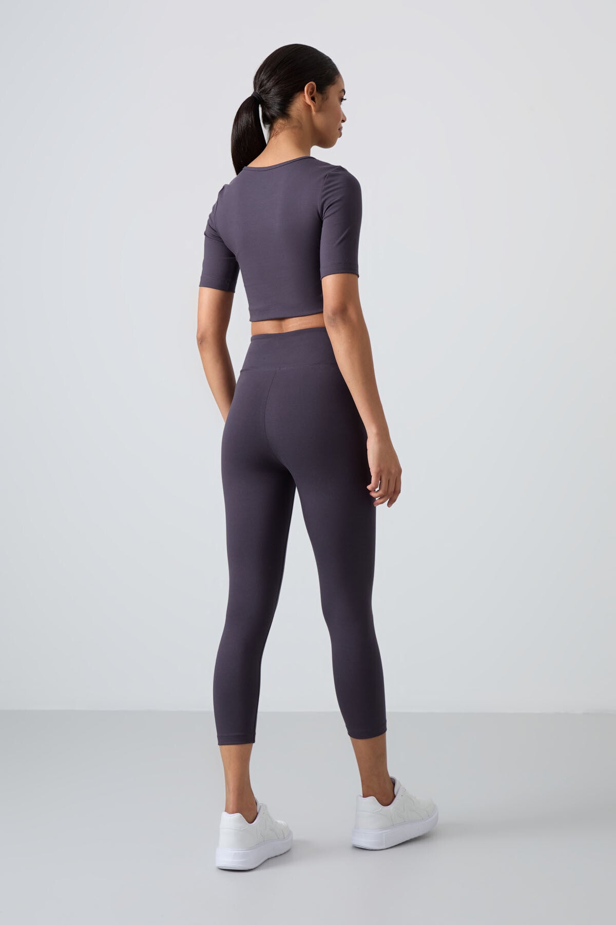 Antrasit Yüksek Bel Kapri-Crop T-Shirt Slim Fit Kadın Tayt Takım - 95285