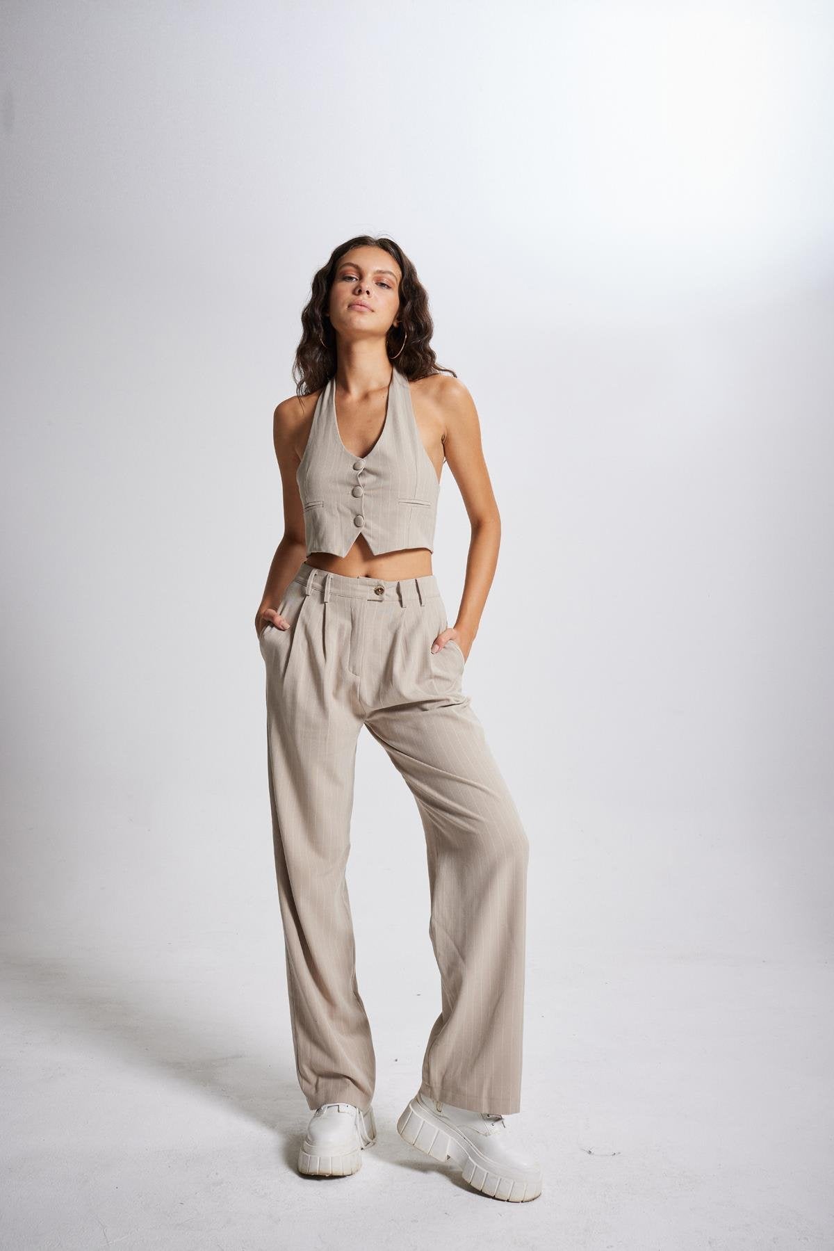 Boyun Bağlamalı Crop Striped Yelek Bej