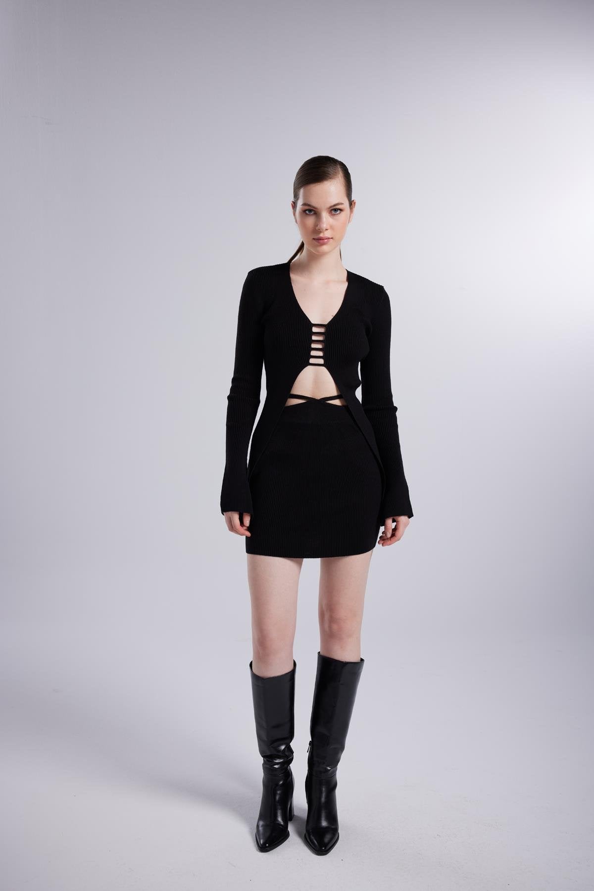 Beli Bağlama Detaylı Fels Triko Mini Etek Siyah