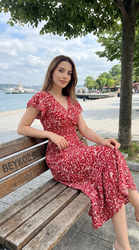 Kadın Kısa Kollu Kruvaze Yaka Beli Lastikli çiçek Desenli Elbise