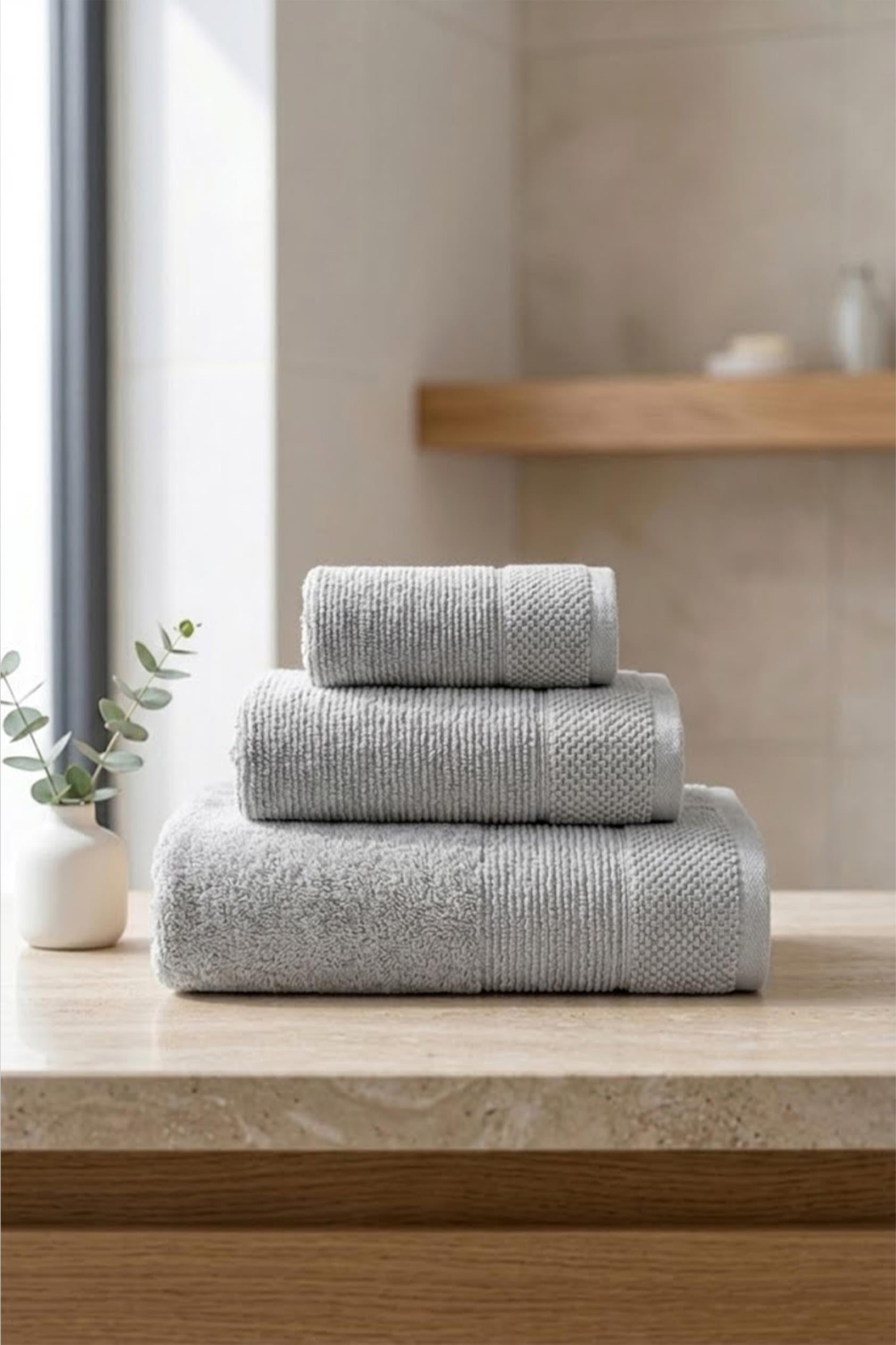 Be-0829St-Gy  %100 Pamuk Gri 3 Lü Set, 30X50 Cm, 50X90 Cm, 70X140 Cm Havlu Seti