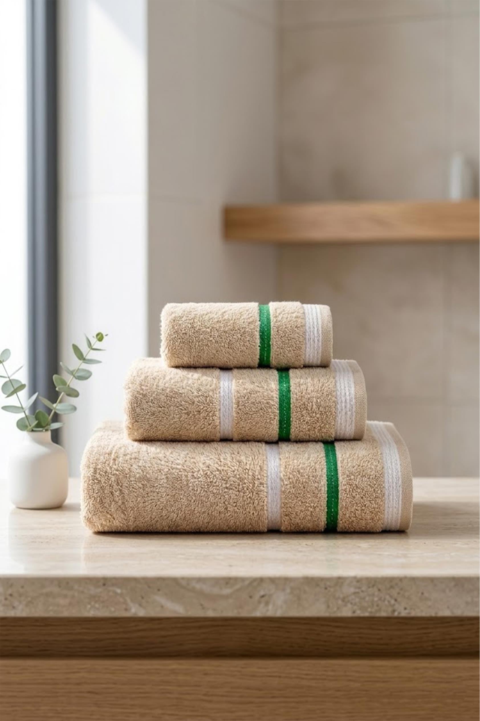Be-0927St-Bg  %100 Pamuk Bej 3 Lü Set, 30X50 Cm, 50X90 Cm, 90X150 Cm Havlu Seti