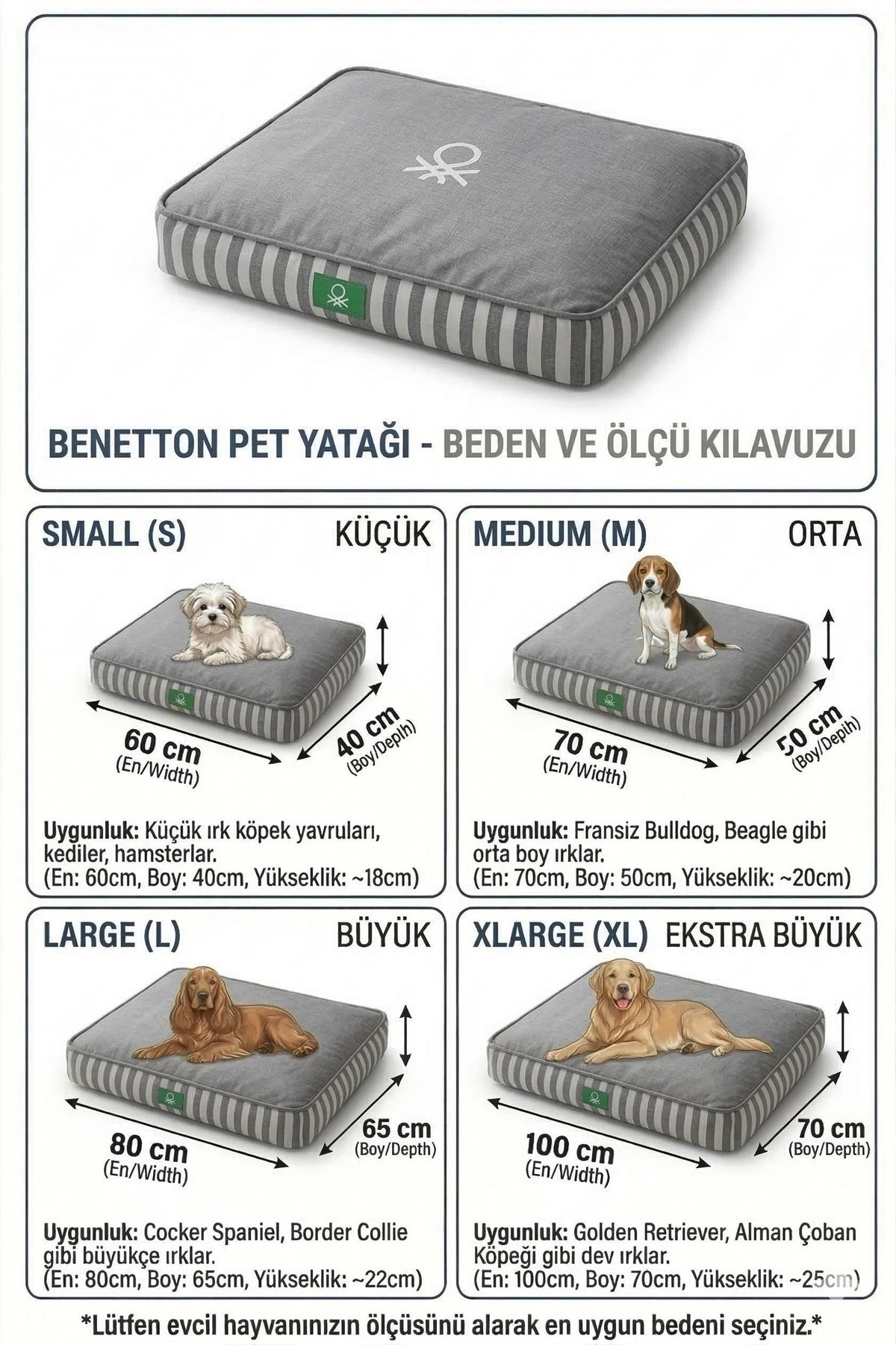 BE-1436 Kedi & Köpek Yatağı YEŞİL ÇİZGİLİ 80 x 65 cm