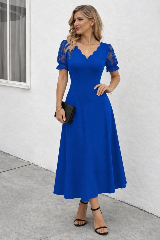 Women's Short Sleeve V Neck Long Ruffle Dress