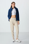 Beige Compact Cotton Thick Smooth Textured Standard Fit Women's Sweatpants - 94660