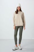 Beige Compact Cotton Thick Smooth Textured Crew Neck Oversize Fit Women's Sweatshirt - 97288