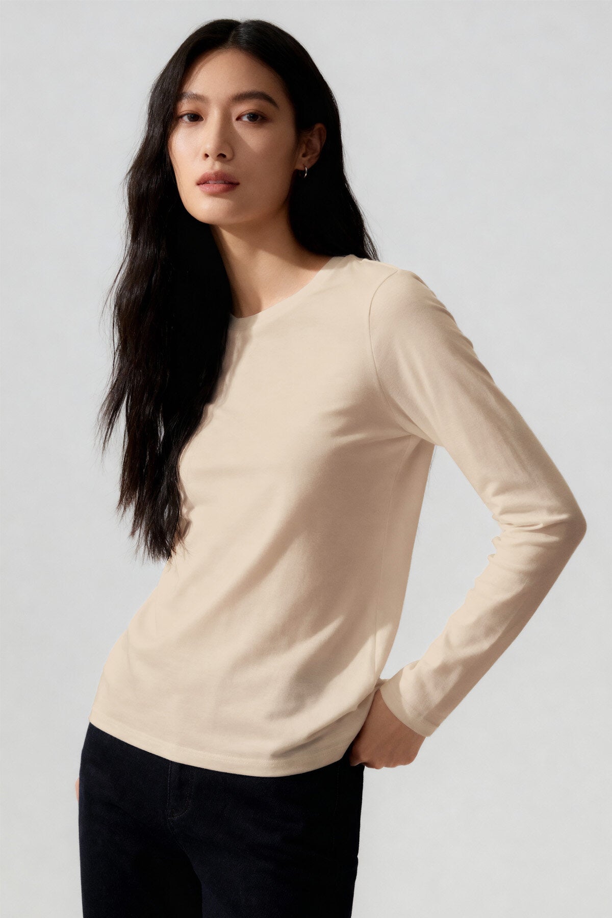 Bej O Yaka Standart Fit Uzun Kollu Basic Kadın T-Shirt - 97312