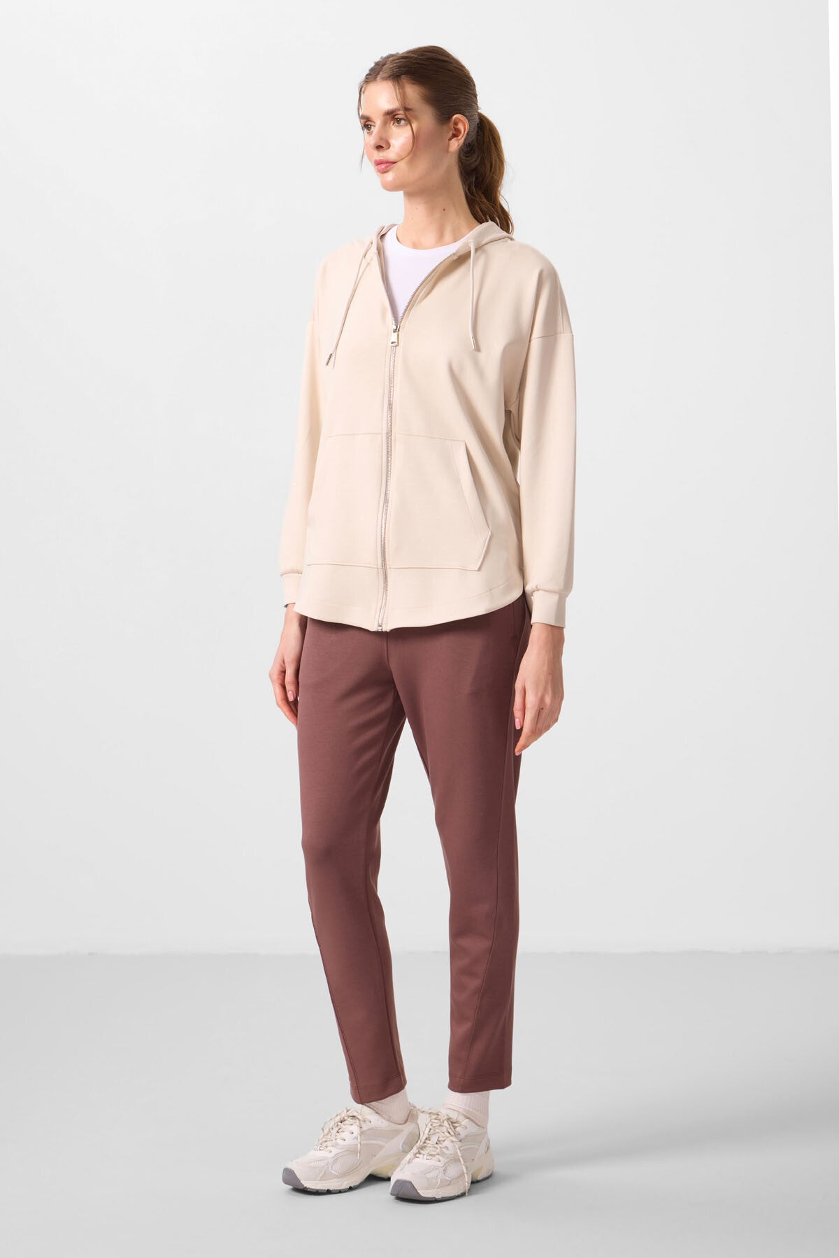 Bej Yumuşak Dokulu Kapüşonlu Oversize Kadın Tunik Sweatshirt - 97302