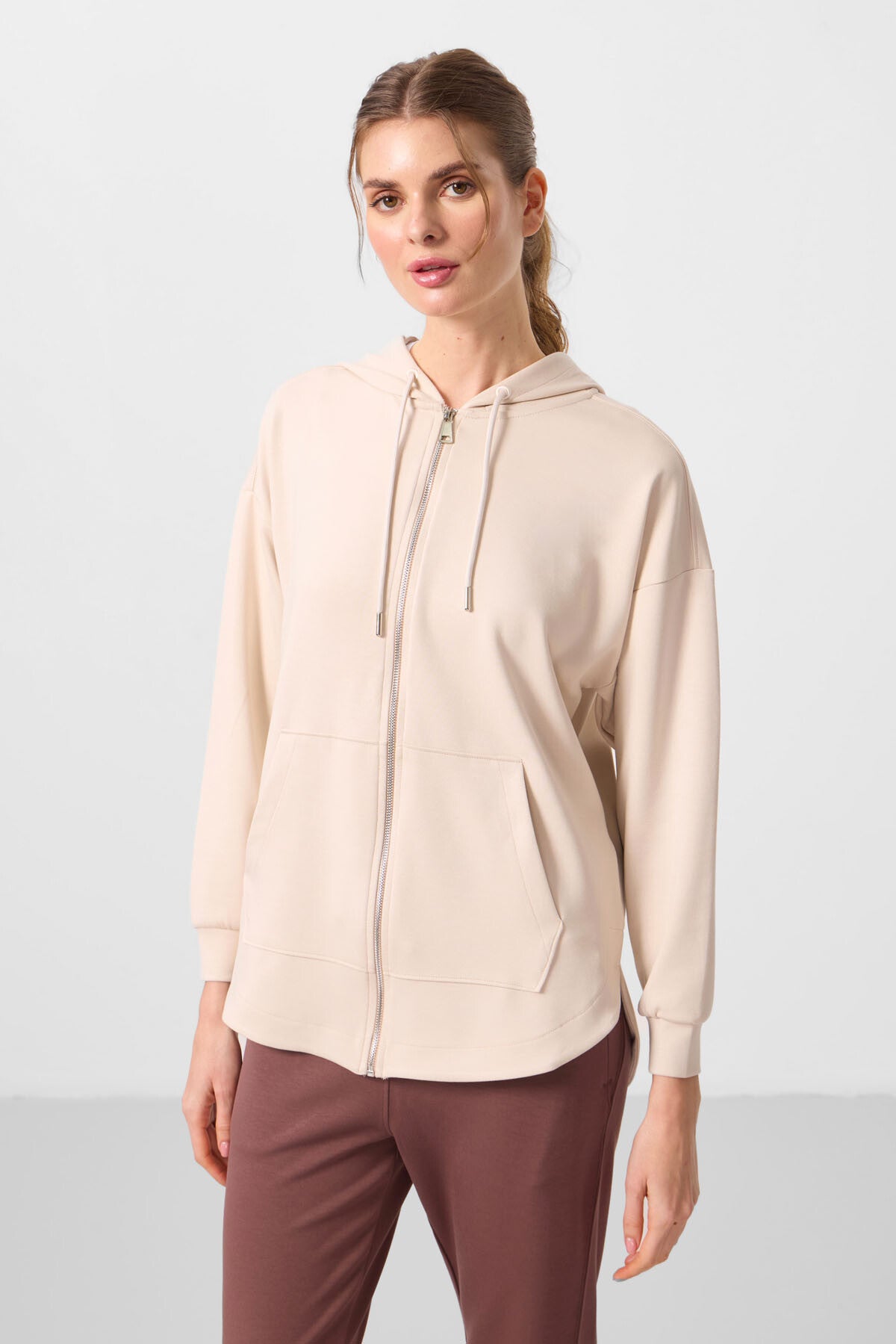 Bej Yumuşak Dokulu Kapüşonlu Oversize Kadın Tunik Sweatshirt - 97302