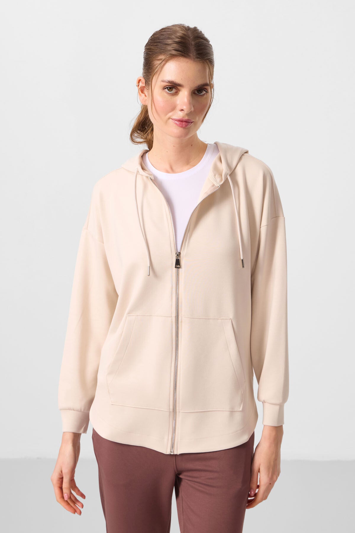 Bej Yumuşak Dokulu Kapüşonlu Oversize Kadın Tunik Sweatshirt - 97302