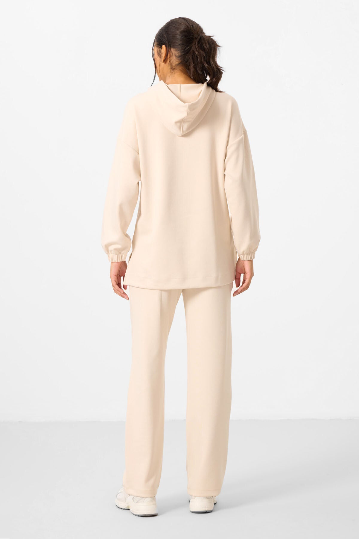 Bej Yumuşak Dokulu Kapüşonlu Oversize Kadın Eşofman Tunik Takım - 95348