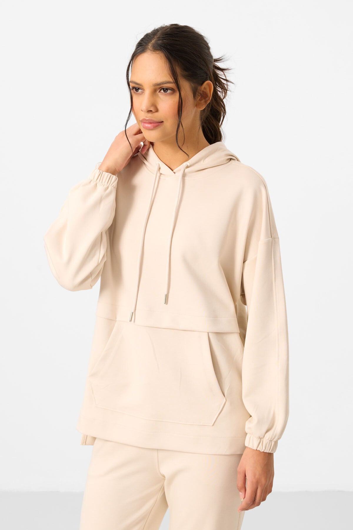 Bej Yumuşak Dokulu Kapüşonlu Oversize Kadın Eşofman Tunik Takım - 95348