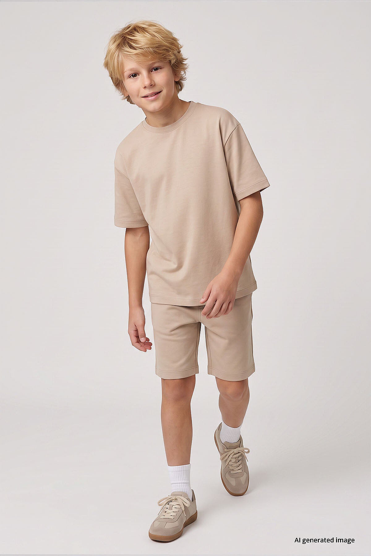 Bej Oversize Fit Basic Erkek Çocuk Şort Takım - 11335