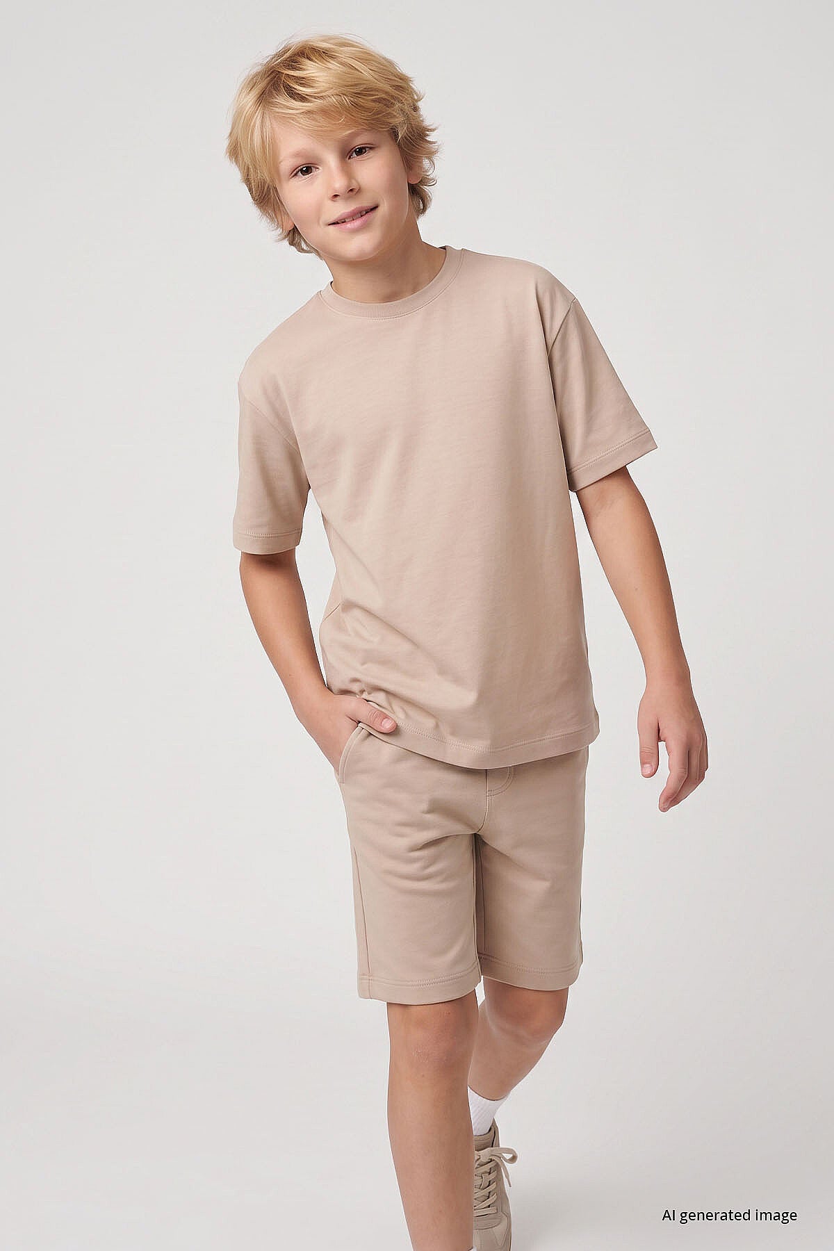 Bej Oversize Fit Basic Erkek Çocuk Şort Takım - 11335