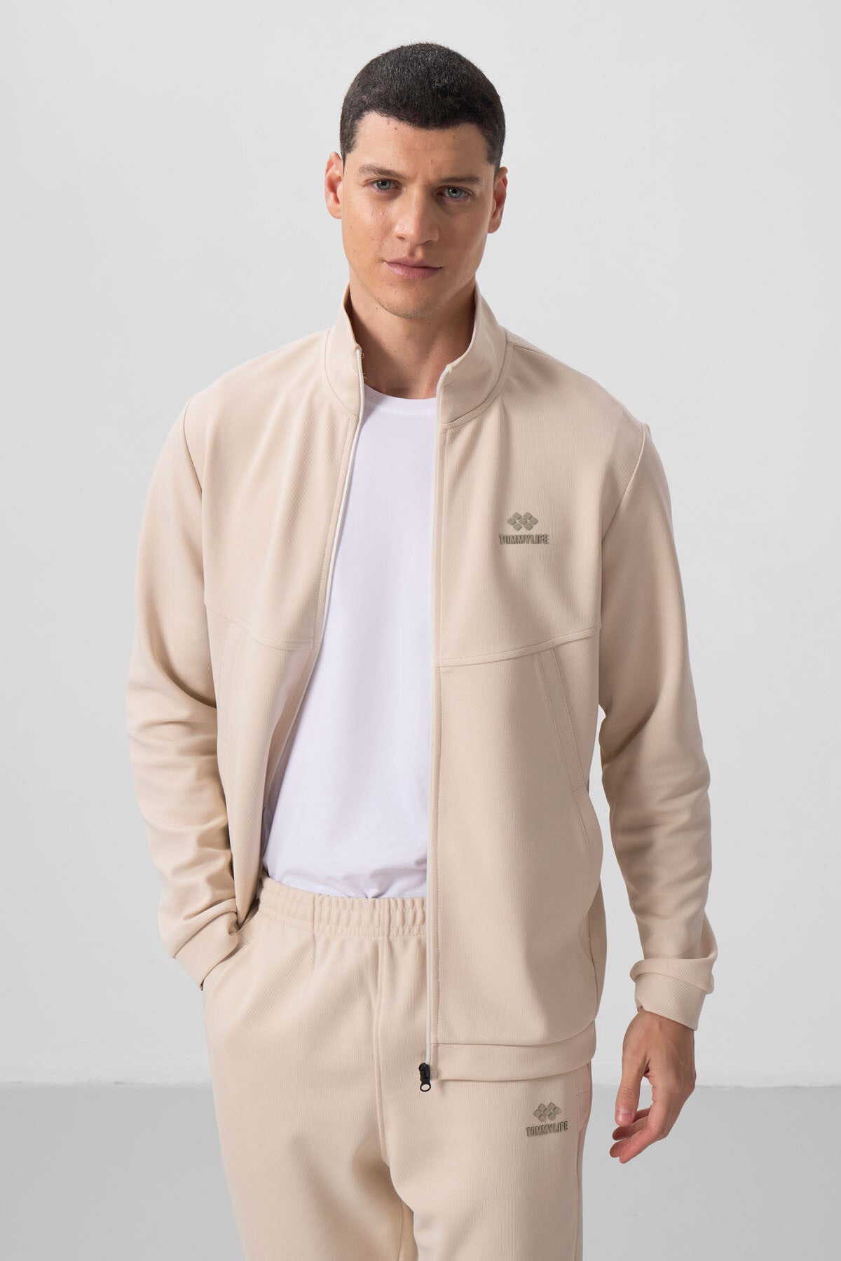 Bej Yüzeyi Dokulu Rahat Form Erkek Eşofman Takım - 85273