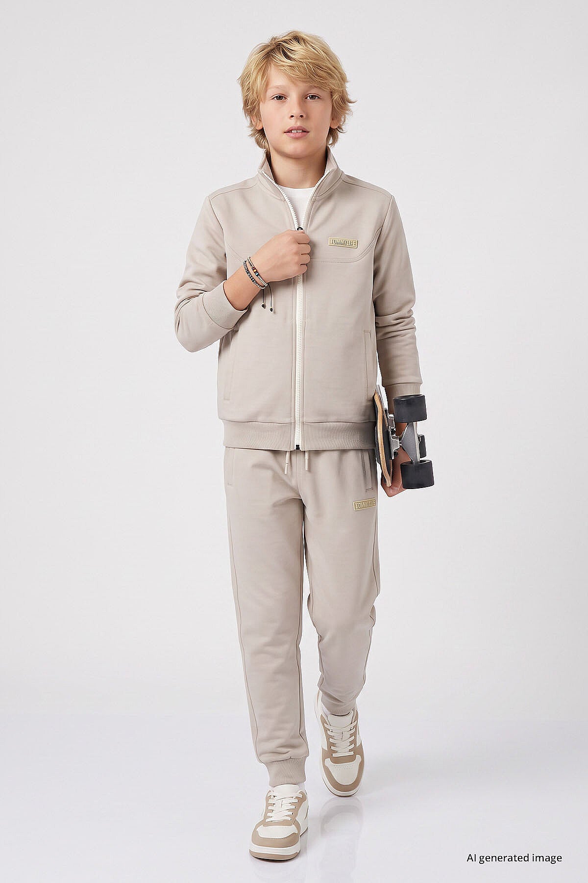 Bej Standart Fit Basic Dik Yaka Jogger Erkek Çocuk Eşofman Takım  - 11327