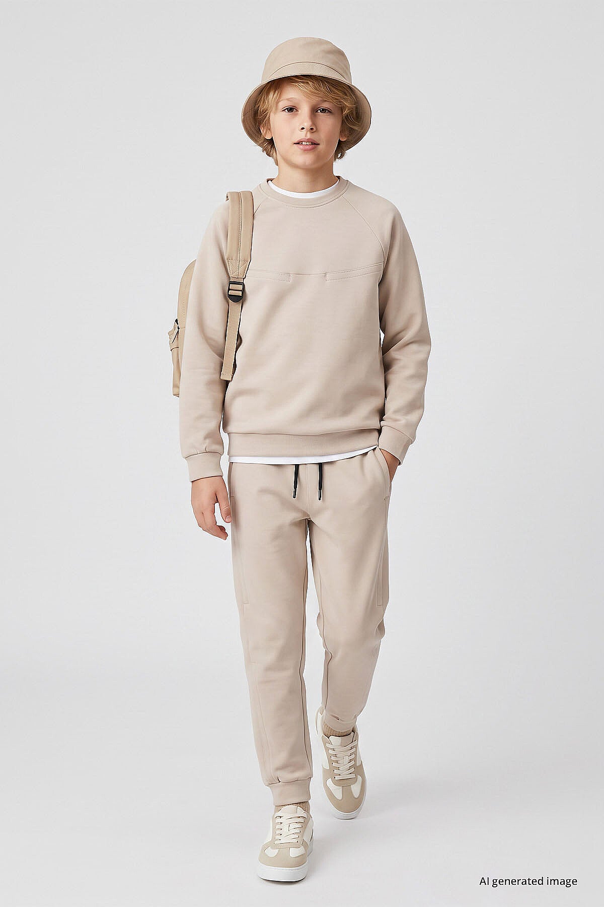 Bej Standart Fit Basic Dikiş Detaylı Erkek Çocuk Eşofman Takım - 11325
